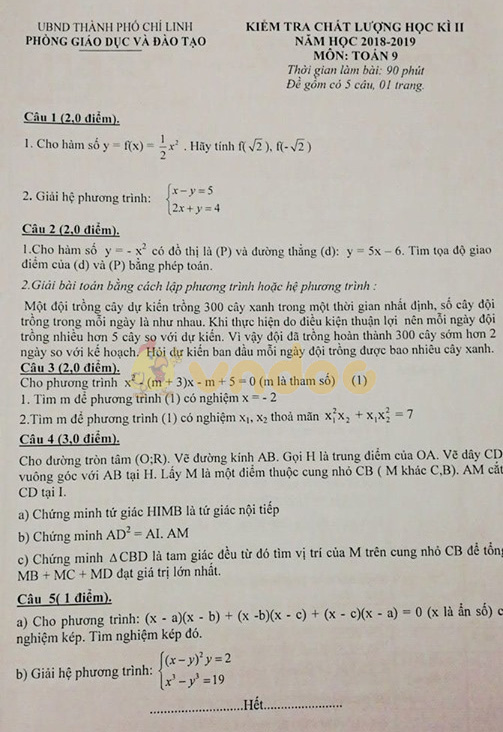 Đề thi học kì 2 lớp 9 môn Toán Phòng GD&ĐT TP Chí Linh năm học 2018 - 2019