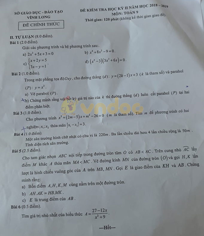 Đề thi học kì 2 lớp 9 môn Toán Sở GD&ĐT Vĩnh Long năm học 2018 - 2019