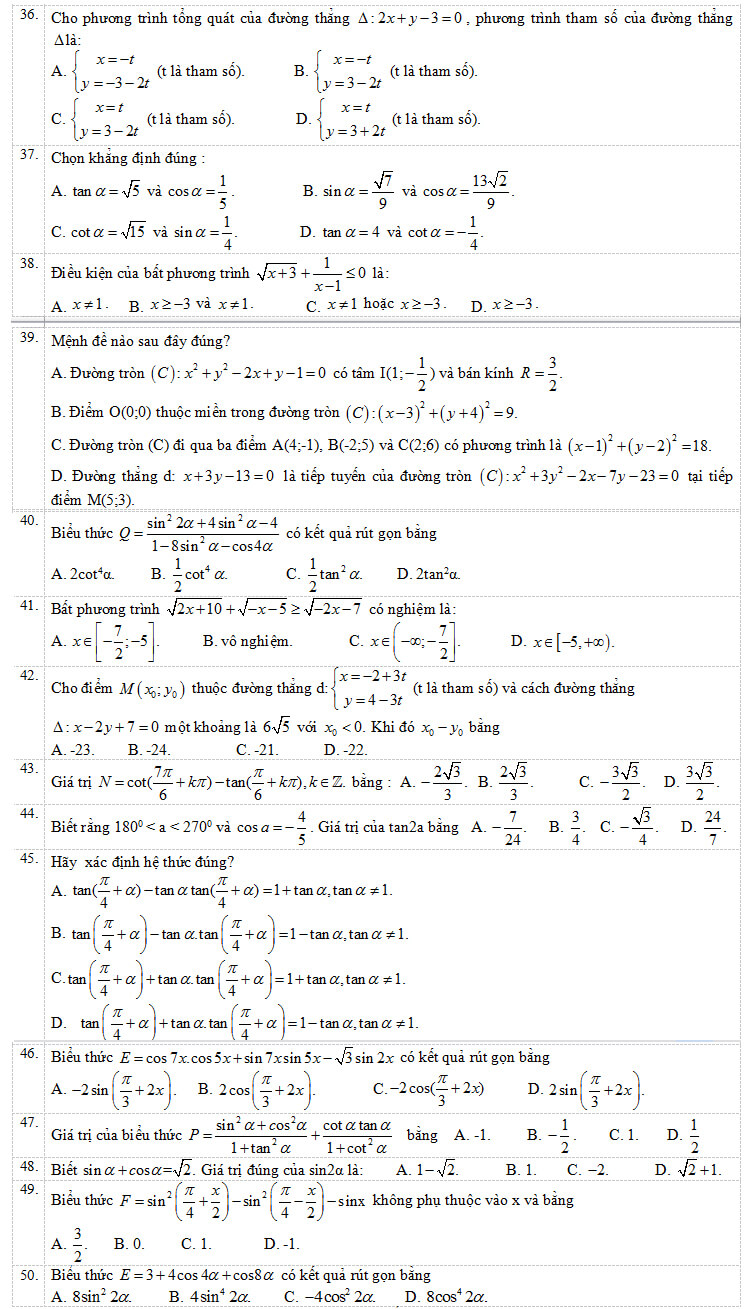 Đề thi học kỳ 2 môn toán THPT Đa Phúc