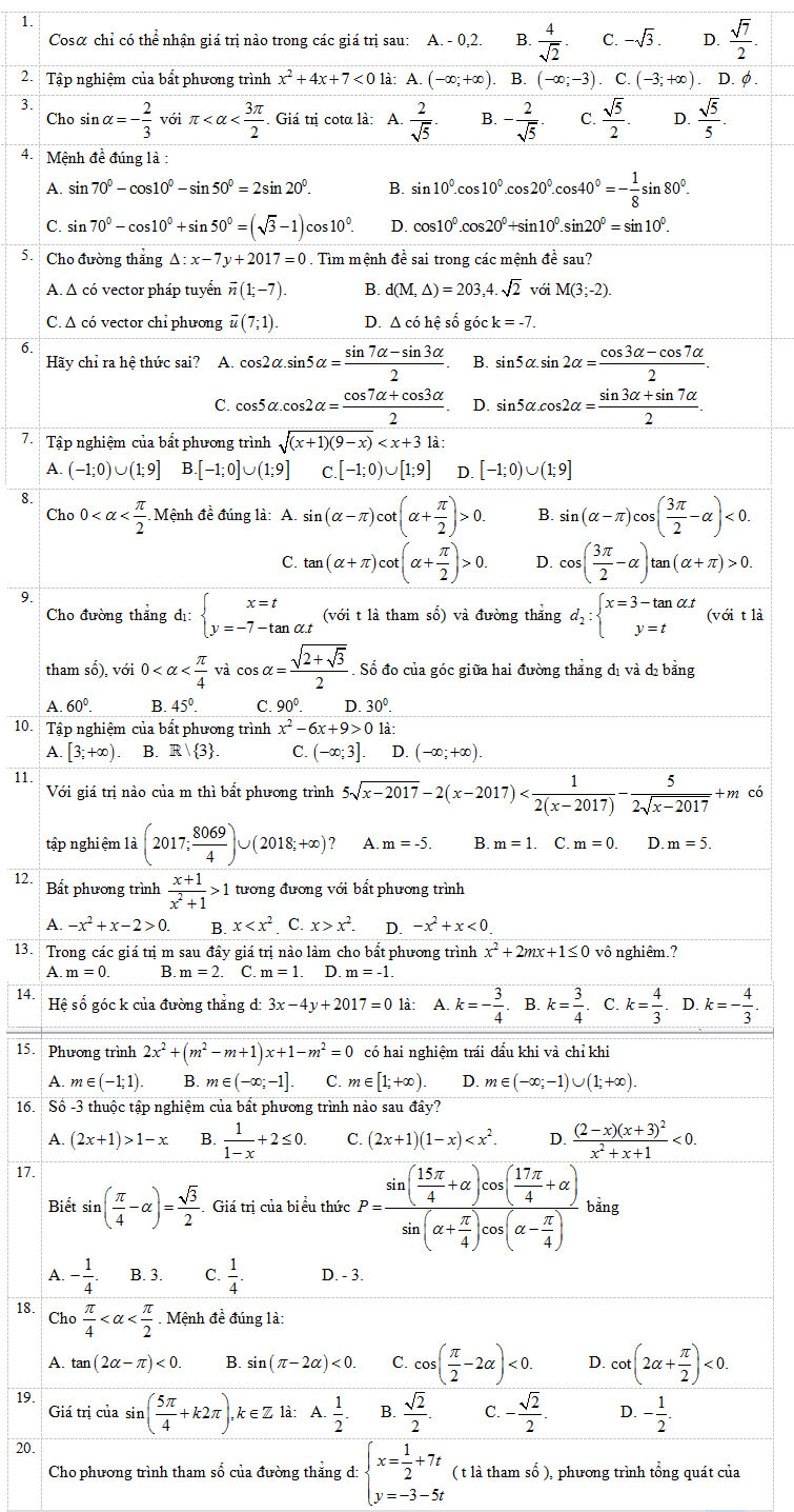 Đề thi học kỳ 2 môn toán THPT Đa Phúc