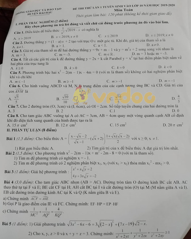 Đề thi thử vào lớp 10 môn Toán Phòng GD&ĐT Hải Hậu năm học 2019 - 2020 (lần 1)