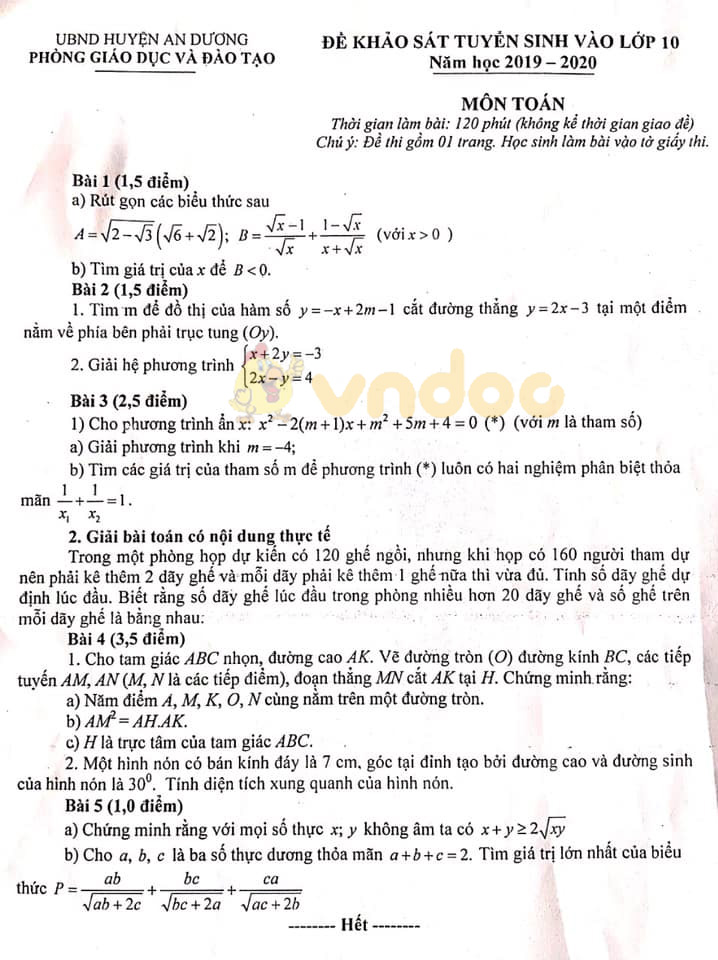 Đề thi thử vào lớp 10 môn Toán Phòng GD&ĐT huyện An Dương, Hải Phòng năm học 2019 - 2020