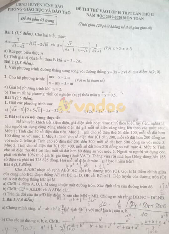 Đề thi thử vào lớp 10 môn Toán Phòng GD&ĐT huyện Vĩnh Bảo năm học 2019 - 2020 (lần 2)