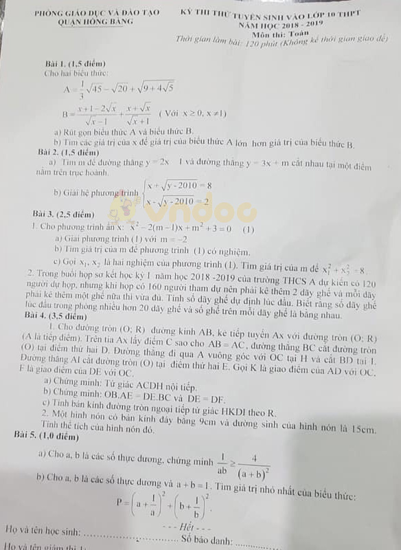 Đề thi thử vào lớp 10 môn Toán Phòng GD&ĐT Quận Hồng Bàng năm học 2018 - 2019