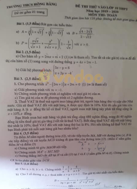 Đề thi thử vào lớp 10 môn Toán trường THCS Hồng Bàng, Hải Phòng năm học 2019 - 2020