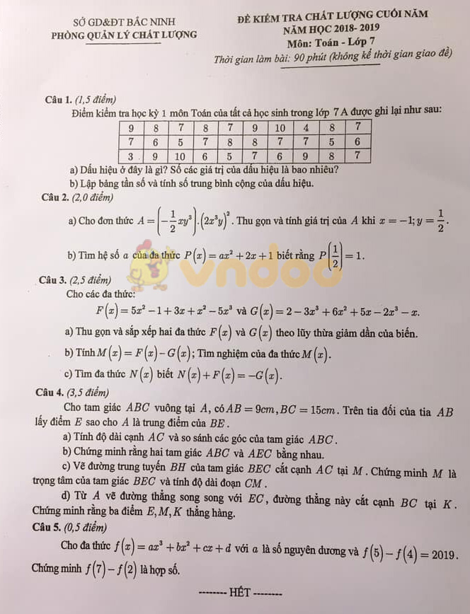 Đề thi học kì 2 lớp 7 môn Toán Sở GD&ĐT Bắc Ninh năm học 2018 - 2019