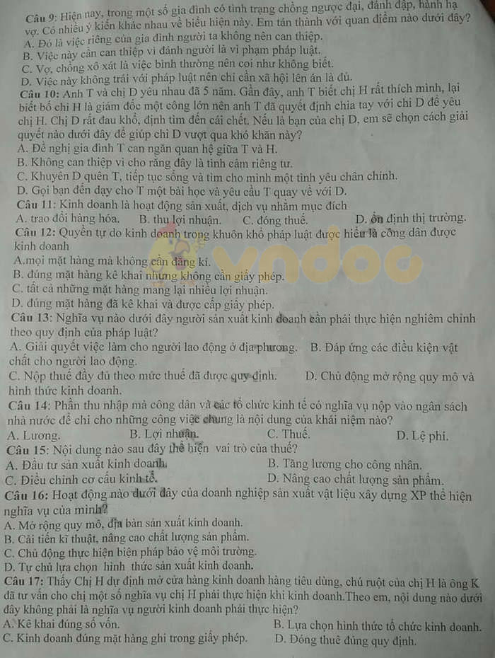 Đề thi học kì 2 lớp 9 môn GDCD trường TH&THCS Vĩnh Chấp, Vĩnh Linh năm học 2018 - 2019