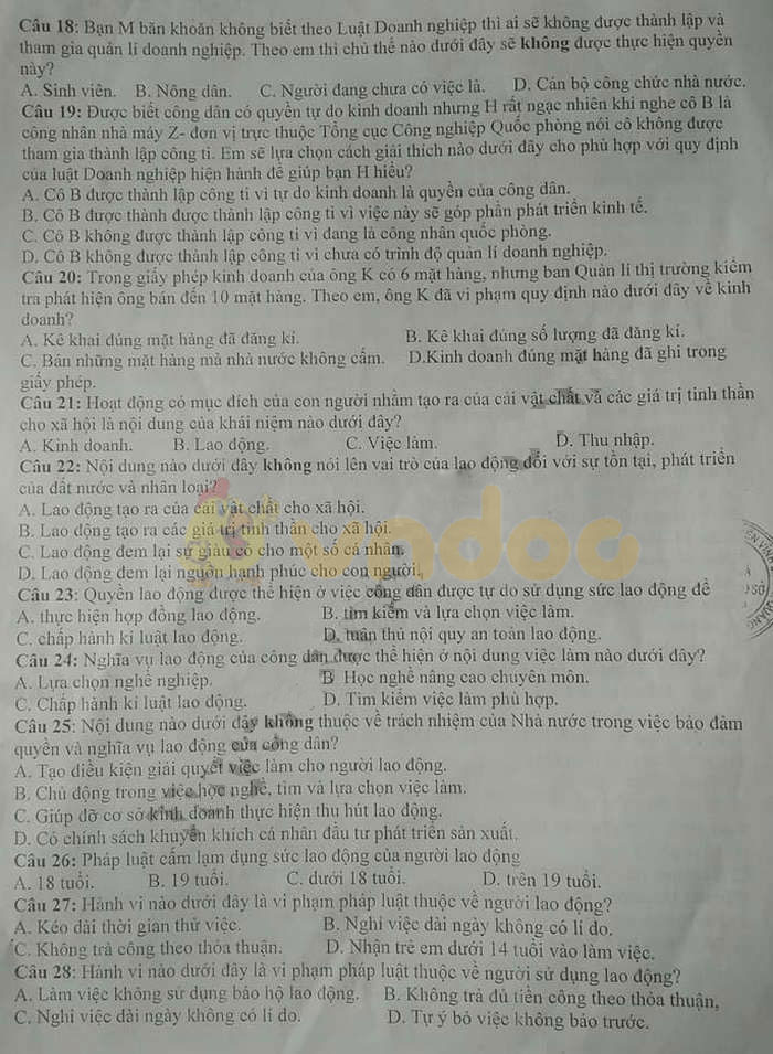 Đề thi học kì 2 lớp 9 môn GDCD trường TH&THCS Vĩnh Chấp, Vĩnh Linh năm học 2018 - 2019