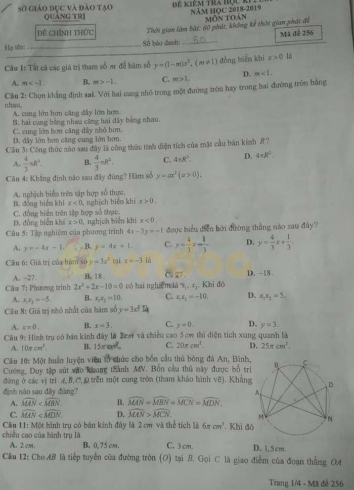 Đề thi học kì 2 lớp 9 môn Toán Sở GD&ĐT Quảng Trị năm học 2018 - 2019