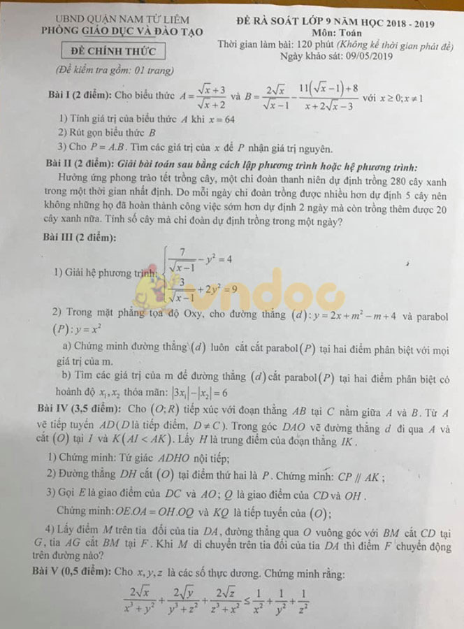 Đề thi rà soát lớp 9 môn Toán Phòng GD&ĐT quận Nam Từ Liêm năm học 2018 - 2019