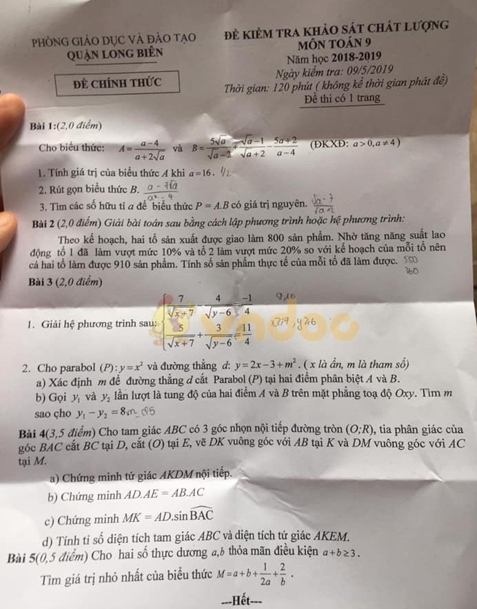 Đề thi thử vào lớp 10 môn Toán Phòng GD&ĐT Long Biên năm học 2018 - 2019