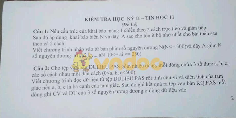 Đề thi học kì 2 lớp 11 môn Tin học năm 2018 - 2019
