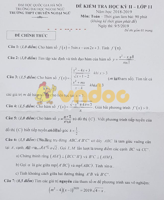 Đề thi học kì 2 lớp 11 môn Toán năm 2018 - 2019