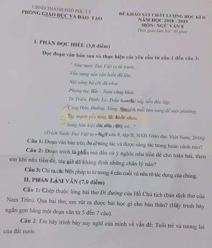 Đề thi học kì 2 lớp 8 môn Ngữ văn Phòng GD&ĐT TP Phủ Lý năm học 2018 - 2019
