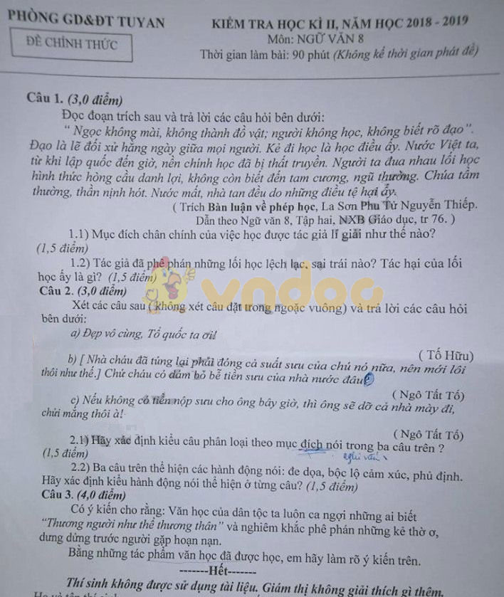 Đề thi học kì 2 lớp 8 môn Ngữ văn Phòng GD&ĐT Tuy An năm học 2018 - 2019