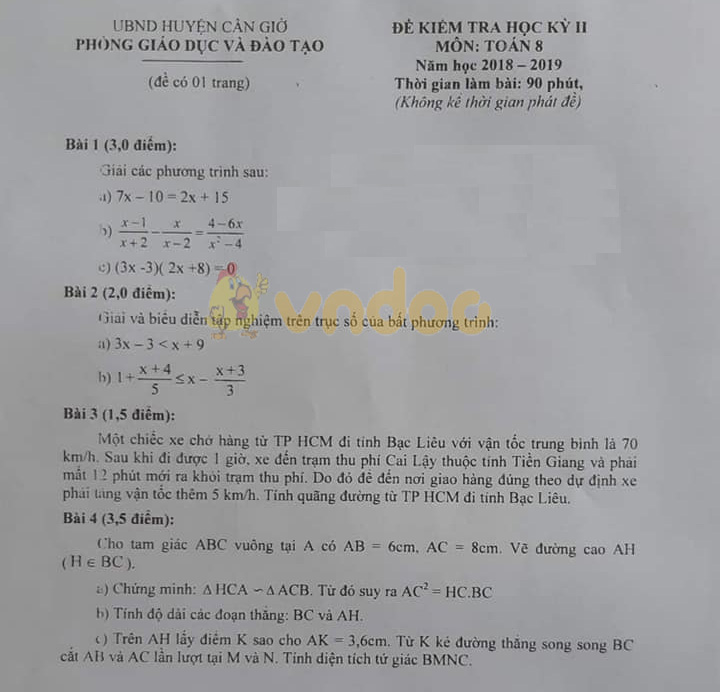 Đề thi học kì 2 lớp 8 môn Toán Phòng GD&ĐT huyện Cần Giờ năm học 2018 - 2019