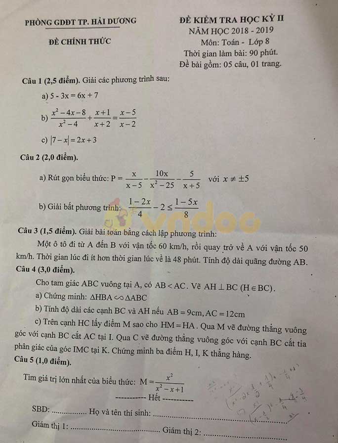 Đề thi học kì 2 lớp 8 môn Toán Phòng GD&ĐT TP Hải Dương năm học 2018 - 2019