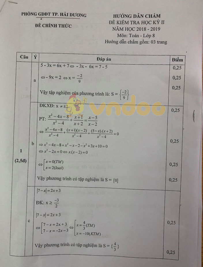 Đề thi học kì 2 lớp 8 môn Toán Phòng GD&ĐT TP Hải Dương năm học 2018 - 2019