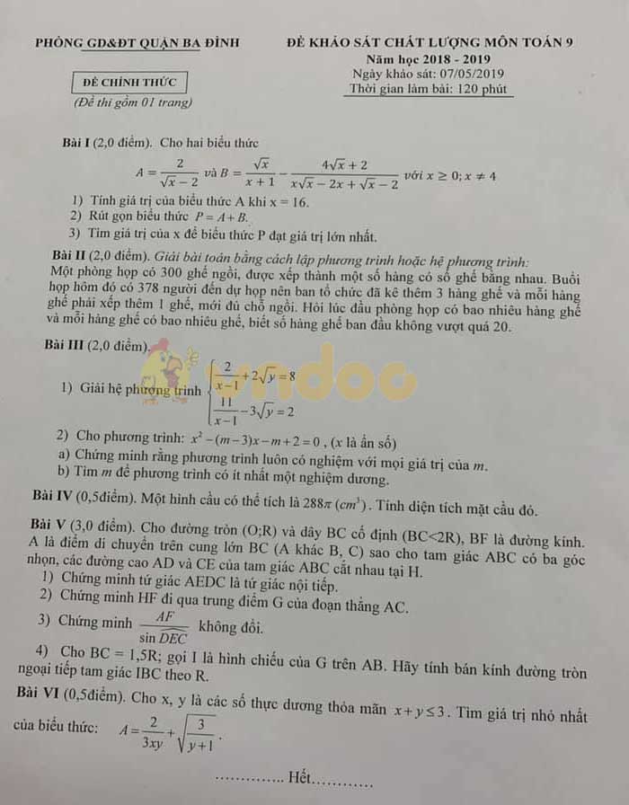 Đề thi KSCL lớp 9 môn Toán Phòng GD&ĐT quận Ba Đình năm học 2018 - 2019