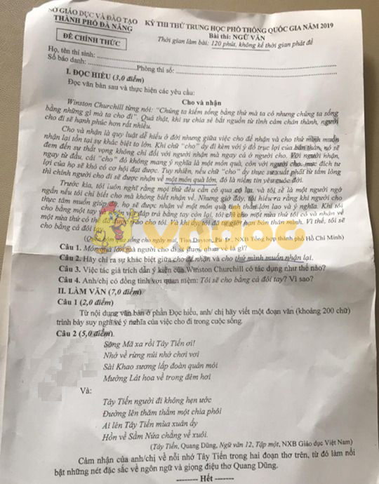 Đề thi thử THPT Quốc gia môn Ngữ văn năm 2019
