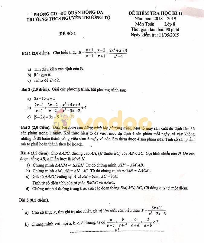 Đề thi học kì 2 lớp 8 môn Toán trường THCS Nguyễn Trường Tộ, Đống Đa năm học 2018 - 2019