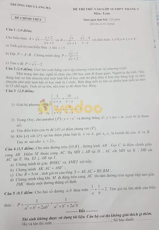 Đề thi thử vào lớp 10 môn Toán trường THCS Láng Hạ năm học 2019 - 2020