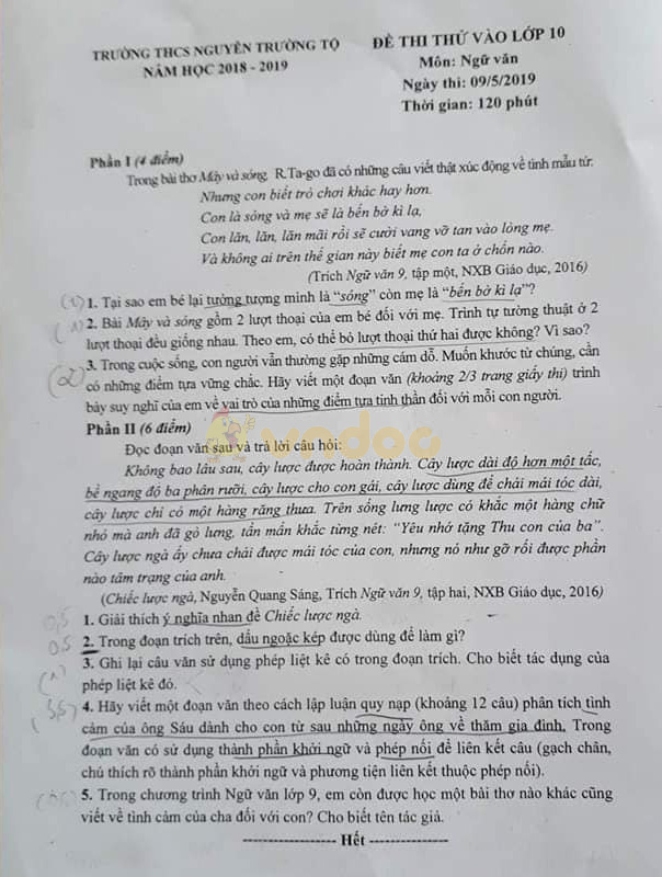 Đề thi thử vào lớp 10 môn Ngữ văn trường THCS Nguyễn Trường Tộ năm học 2019 - 2020