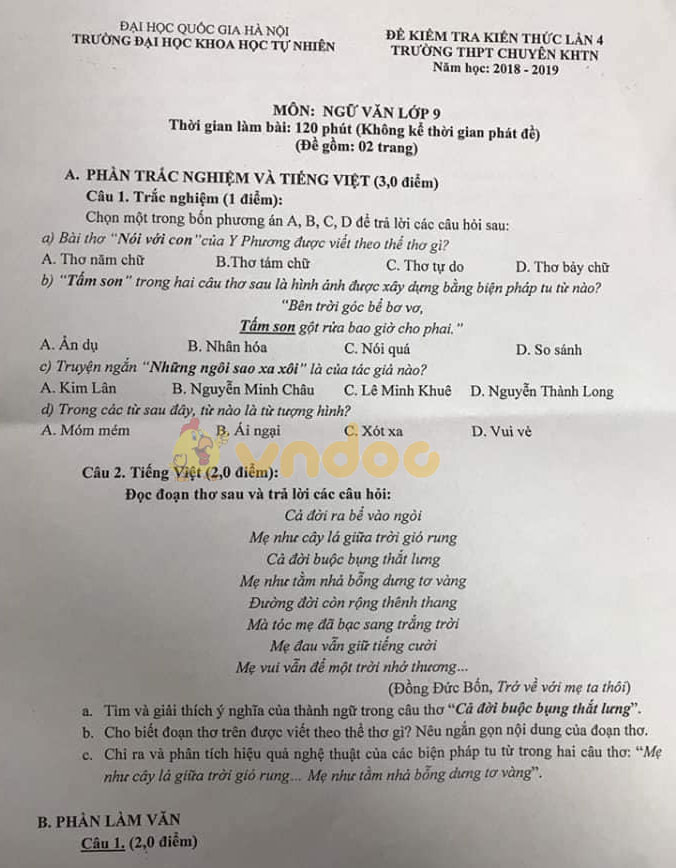 Đề thi thử vào lớp 10 môn Ngữ văn Trường THPT chuyên KHTN năm học 2018 - 2019 (lần 4)