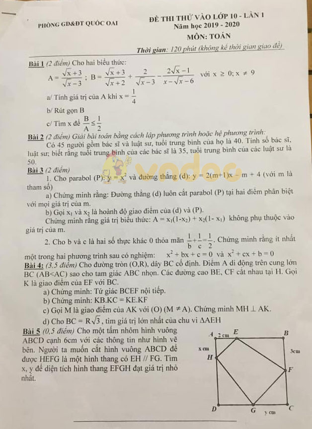 Đề thi thử vào lớp 10 môn Toán Phòng GD&ĐT Quốc Oai năm học 2019 - 2020 (lần 1)