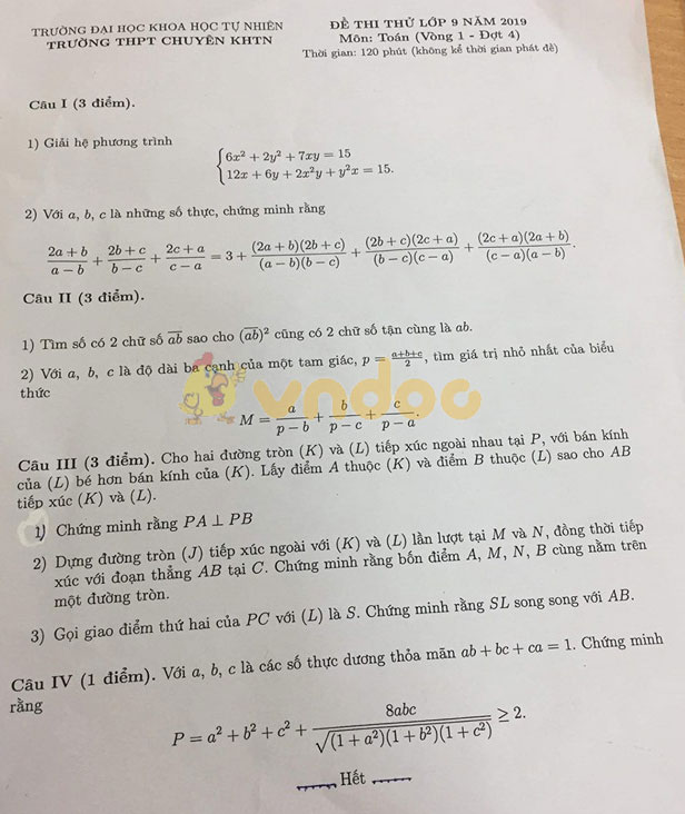 Đề thi thử vào lớp 10 môn Toán trường THPT Chuyên KHTN năm học 2019 - 2020 (đợt 4)