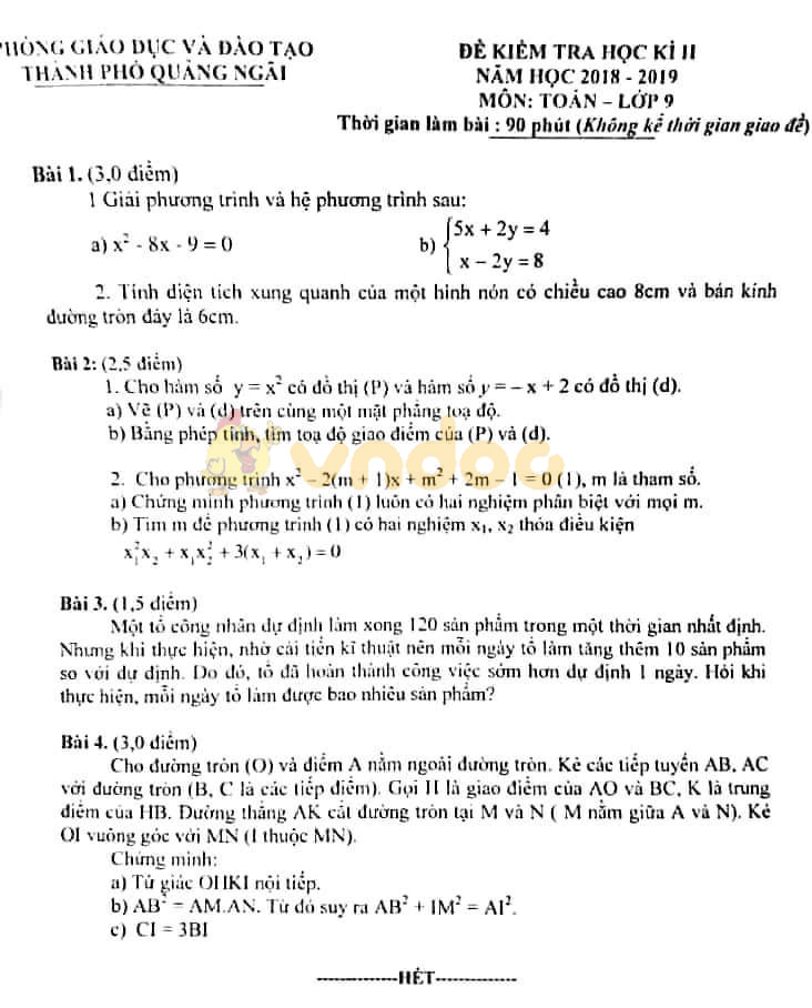 Đề thi học kì 2 lớp 9 môn Toán Phòng GD&ĐT TP Quảng Ngãi năm học 2018 - 2019