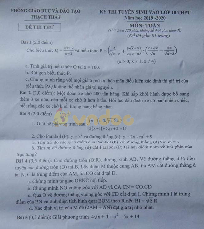 Đề thi thử vào lớp 10 môn Toán Phòng GD&ĐT Thạch Thất năm học 2019 - 2020