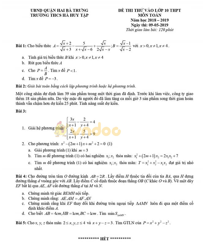 Đề thi thử vào lớp 10 môn Toán trường THCS Hà Huy Tập, Hai Bà Trưng năm học 2019 - 2020