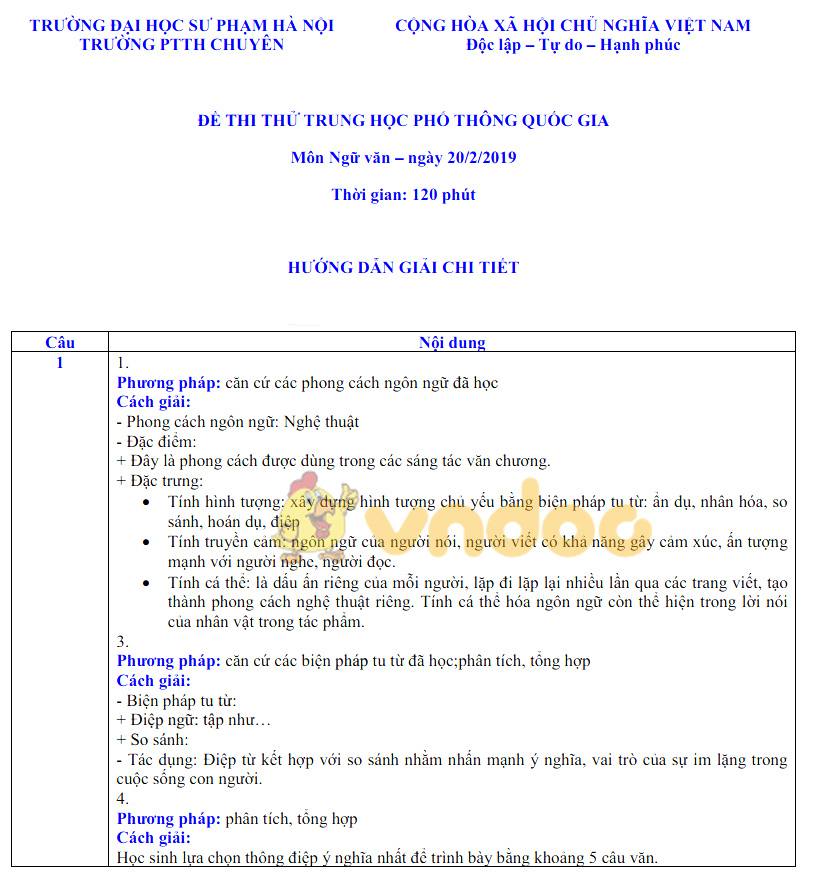 Đáp án đề thi thử THPT Quốc gia môn Ngữ văn năm 2019