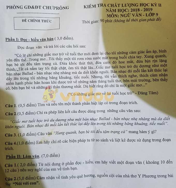 Đề thi học kì 2 lớp 9 môn Ngữ văn Phòng GD&ĐT Chưprông năm học 2018 - 2019