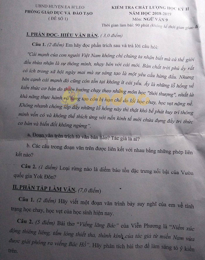 Đề thi học kì 2 lớp 9 môn Ngữ văn Phòng GD&ĐT huyện Ea H’leo năm học 2018 - 2019