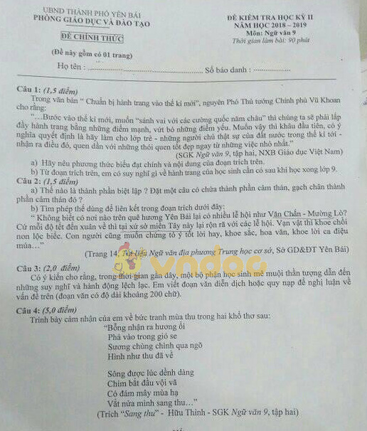 Đề thi học kì 2 lớp 9 môn Ngữ văn Phòng GD&ĐT TP Yên Bái năm học 2018 - 2019