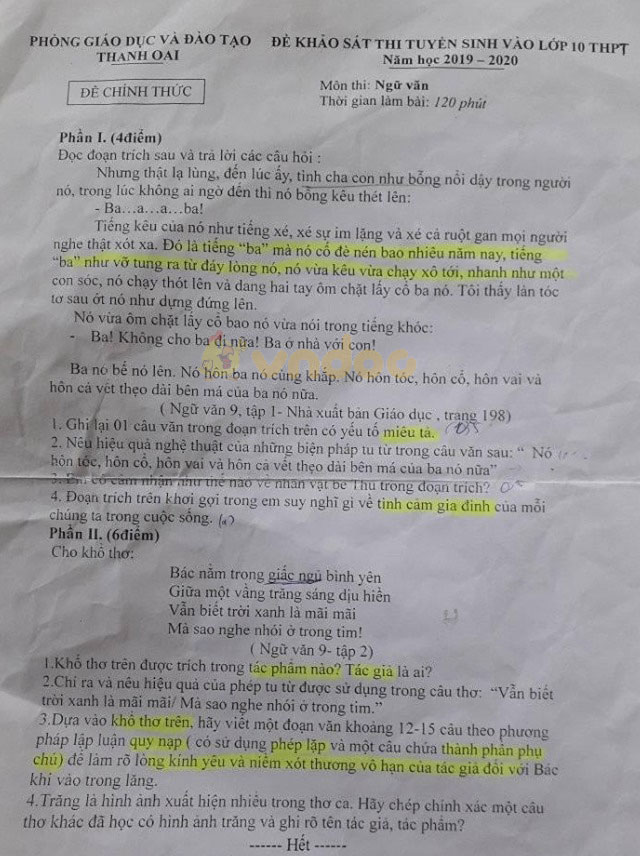 Đề thi khảo sát vào lớp 10 môn Ngữ văn Phòng GD&ĐT Thanh Oai năm học 2019 - 2020