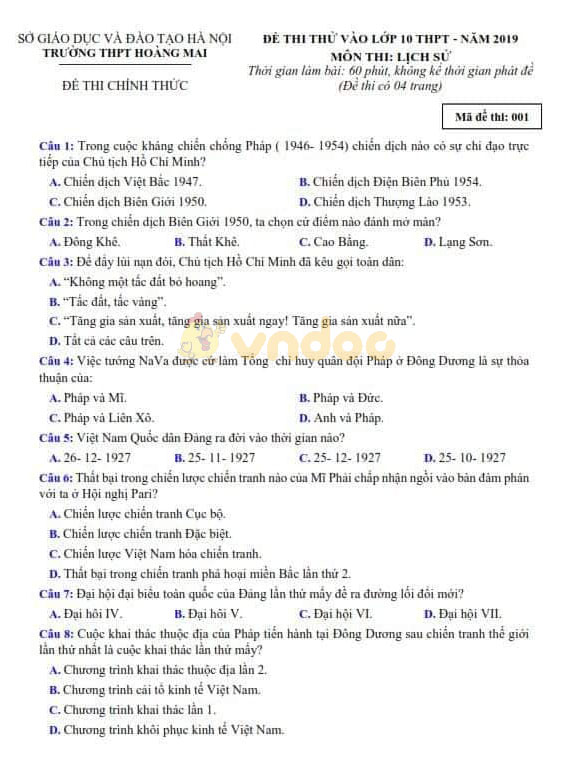 Đề thi thử vào lớp 10 môn Lịch sử trường THPT Hoàng Mai, Hà Nội năm học 2019 - 2020