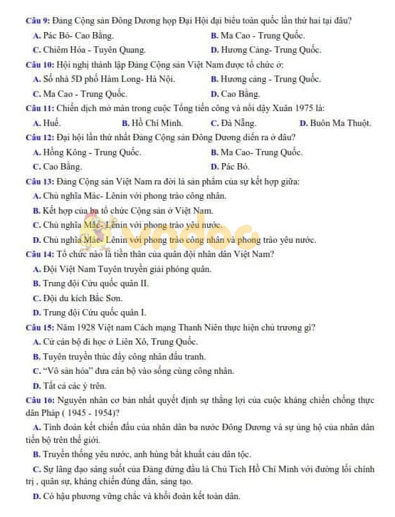 Đề thi thử vào lớp 10 môn Lịch sử trường THPT Hoàng Mai, Hà Nội năm học 2019 - 2020