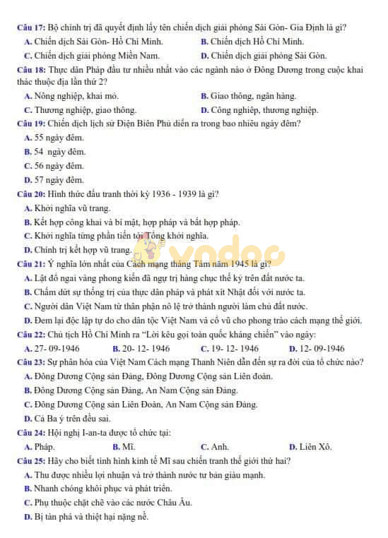 Đề thi thử vào lớp 10 môn Lịch sử trường THPT Hoàng Mai, Hà Nội năm học 2019 - 2020