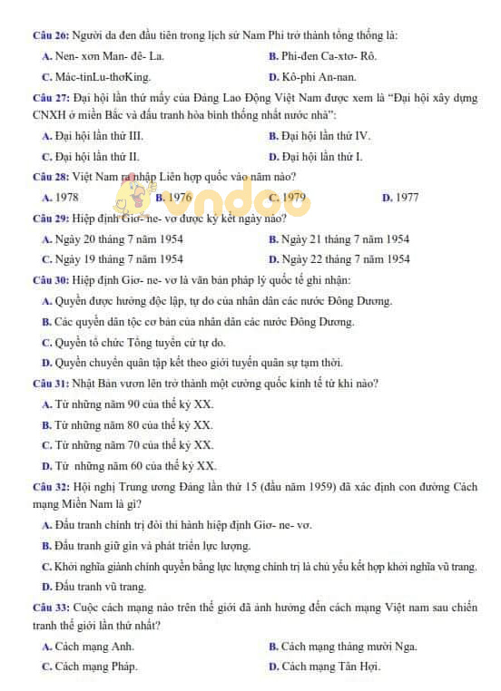Đề thi thử vào lớp 10 môn Lịch sử trường THPT Hoàng Mai, Hà Nội năm học 2019 - 2020