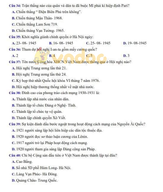 Đề thi thử vào lớp 10 môn Lịch sử trường THPT Hoàng Mai, Hà Nội năm học 2019 - 2020