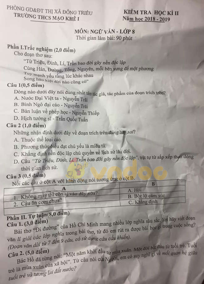 Đề thi học kì 2 lớp 8 môn Ngữ văn trường THCS Mạo Khê 1, Đông Triều năm học 2018 - 2019