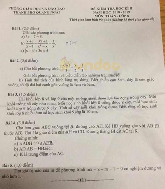 Đề thi học kì 2 lớp 8 môn Toán Phòng GD&ĐT TP Quảng Ngãi năm học 2018 - 2019