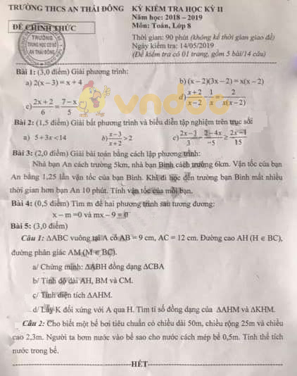 Đề thi học kì 2 lớp 8 môn Toán trường THCS An Thái Đông năm học 2018 - 2019