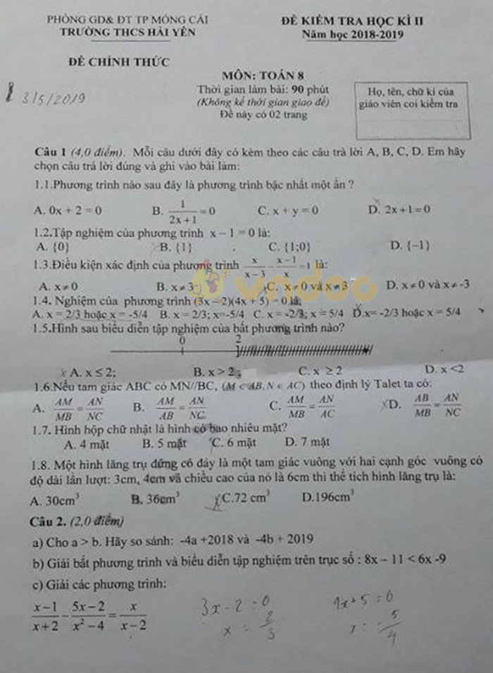 Đề thi học kì 2 lớp 8 môn Toán trường THCS Hải Yến, Móng Cái năm học 2018 - 2019