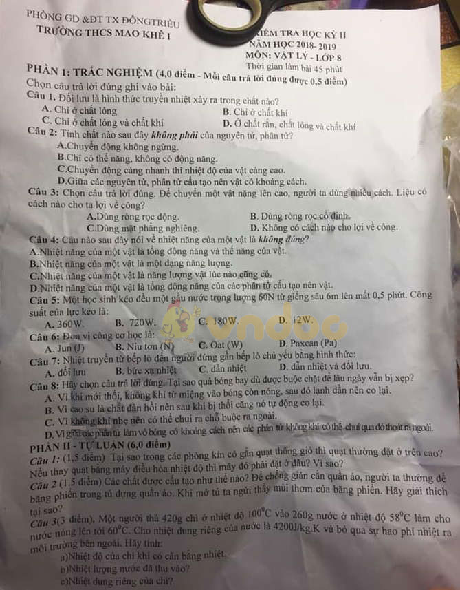 Đề thi học kì 2 lớp 8 môn Vật lý trường THCS Mạo Khê 1, Đông Triều năm học 2018 - 2019