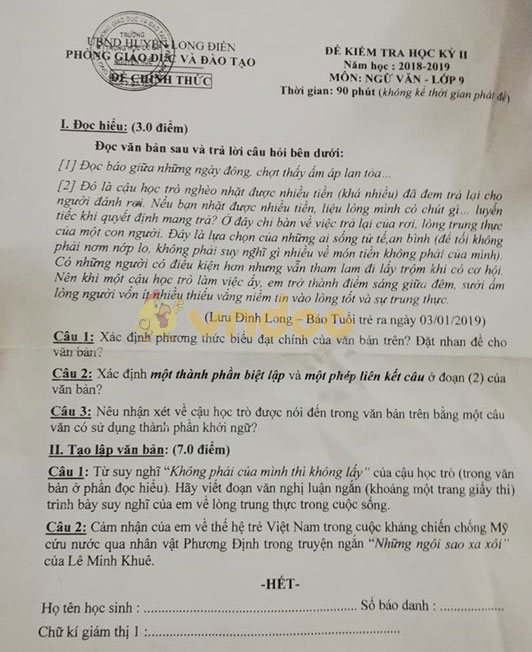 Đề thi học kì 2 lớp 9 môn Ngữ văn Phòng GD&ĐT huyện Long Điền năm học 2018 - 2019