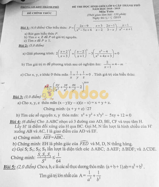 Đề thi chọn học sinh giỏi cấp thành phố lớp 8 môn Toán năm học 2018 - 2019
